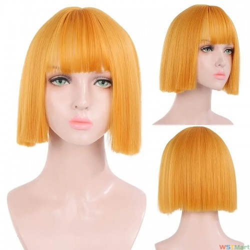 Synthetic Short Straight Wigs For Women Black Pink Yellow And Green Bobo Wigs With Bangs Heat Resistant 8 Inch