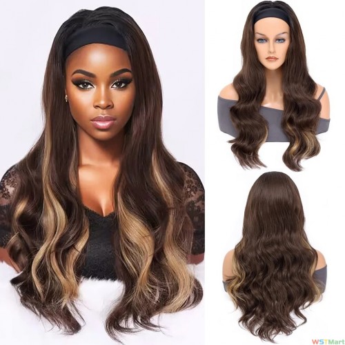 Voocall 26 Inches Long Wavy Wigs for Women Headband Wig Highlighted Brown Natural Synthetic Hair