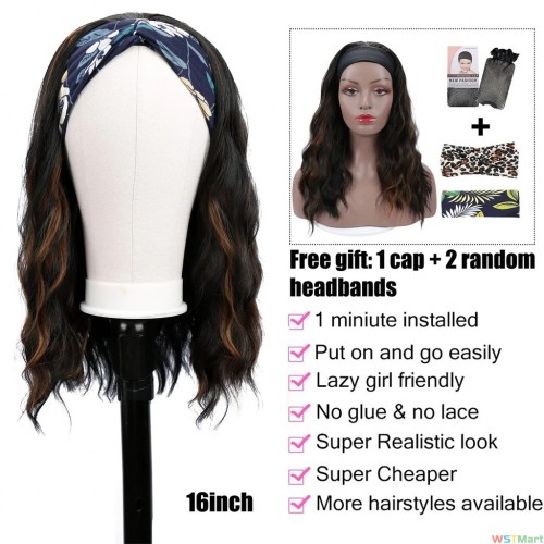 Voocall (16inch, 1B/H30#) Glueless Headband Wig Synthetic Long Black Body Wave Headband Wigs