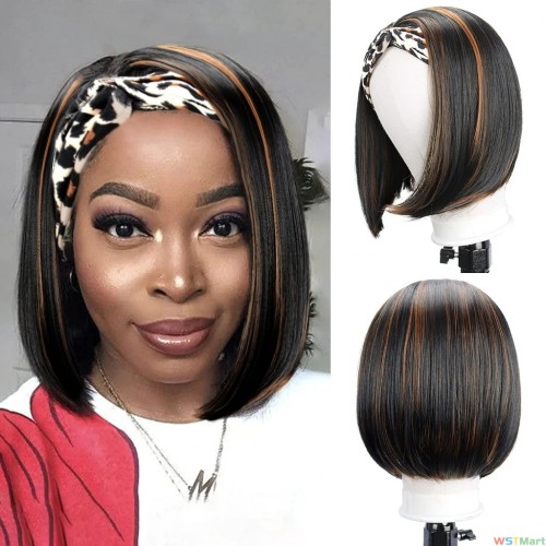 Voocall (10",P2/30) Short Straight Hair Wig Highlighted Bob Glueless Wigs with Headband Attached No Lace Synthetic Head Band Wig
