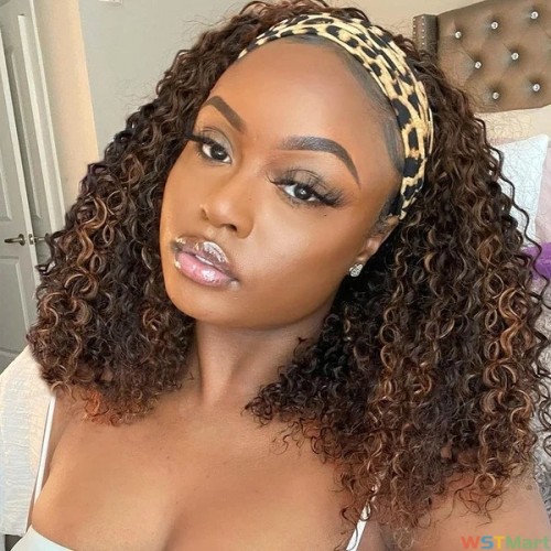 Voocall (14" Curly, T1B/30) Curly Headband Wig Synthetic Headband Wigs for Black Women None Lace Afro Curly Wig with Headband Attached
