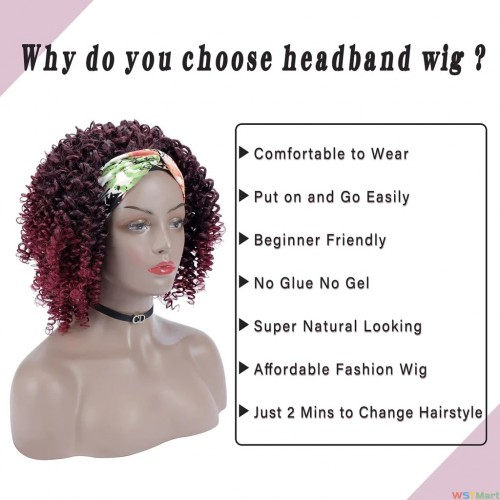 Voocall (14" T1B/BUG) Curly Headband Wig Synthetic for Black Women None Lace Afro Curly Wigs with Headband