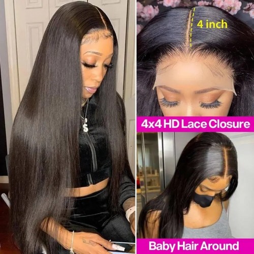 Nuiee Straight Hair 13×6 Transparent Lace Wig 100% Remy Human Hair Pre-Plucked 180% Density Wigs