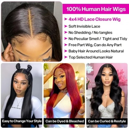 Nuiee Invisible 4x4 HD Lace Front Wigs Smooth Straight Human Hair HD Lace Wigs Giving Scalp