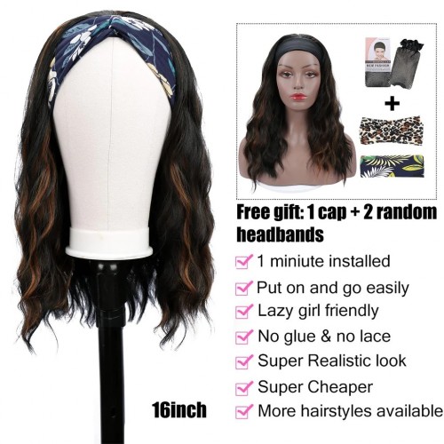 Xiaokeai (16inch, 1B/H30#) Glueless Headband Wig Synthetic Long Black Body Wave Headband Wigs
