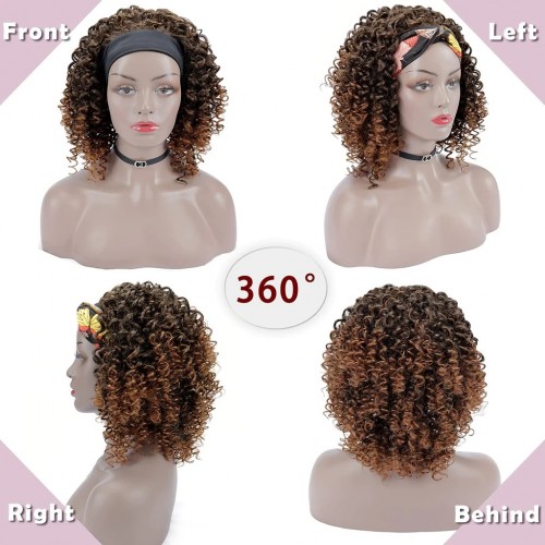 Xiaokeai (14" Curly, T1B/30) Curly Headband Wig Synthetic Headband Wigs for Black Women None Lace Afro Curly Wig with Headband Attached