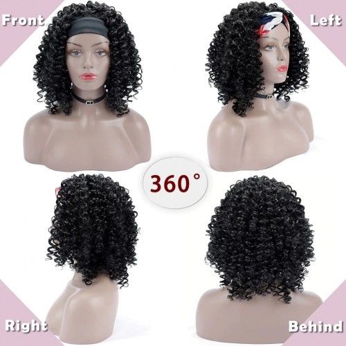 Xiaokeai Bob Curly Headband Wig 14 Inch Kinky Curly Headband Wigs for Black Women 1B