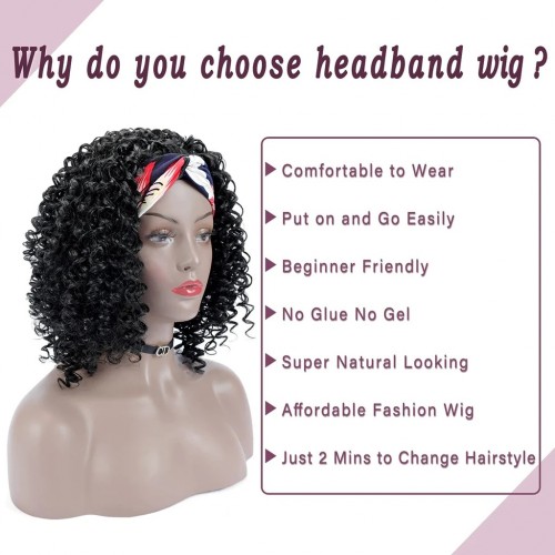 Xiaokeai Bob Curly Headband Wig 14 Inch Kinky Curly Headband Wigs for Black Women 1B