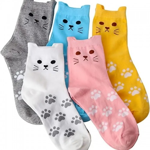 5 Pairs/Pack Cute Mid Crew Socks, Kitty & Footprint Pattern Kawaii Mid Crew Sports Socks, Women's Socks