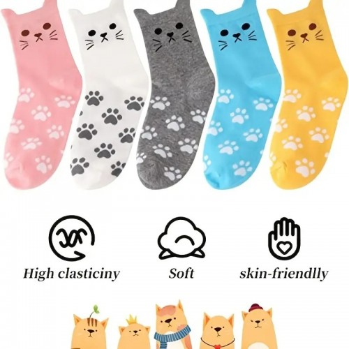 5 Pairs/Pack Cute Mid Crew Socks, Kitty & Footprint Pattern Kawaii Mid Crew Sports Socks, Women's Socks