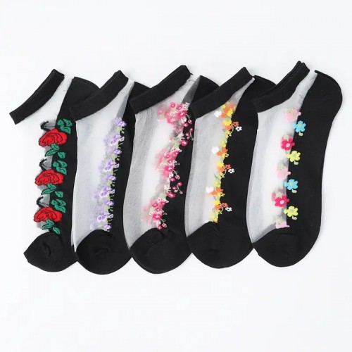 5 Pairs Floral Print Mesh Socks, Ultra Thin Transparent Lace No Show Socks, Women's Stockings & Hosiery