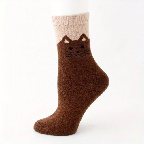 Cat Pattern Thickened Soft Socks,Winter Thermal Cotton Socks Mid Tube Socks, Adult Wool Sports Socks