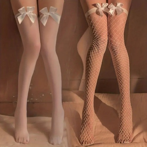 2 Pairs Bow Mesh Thigh High Socks, Sheer Over The Knee Socks, Women's Stockings & Hosiery