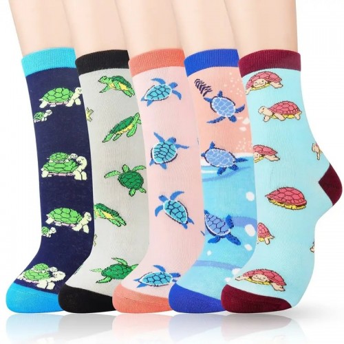5 Pairs Of Sea Turtle Socks, Funny Novelty Mid Calf Socks, Women's Outdoor Sports Socks