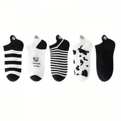 5 Pairs Womens Socks Lovely Cow Pattern Short Socks Creative Printing Socks Ankle Sock