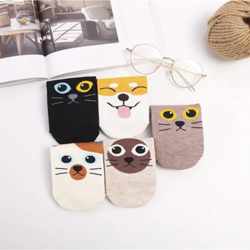 5 Pairs Cartoon Animals Ankle Socks , Casual Cotton Invisible Socks For All Seasons , Women's Stockings & Hosiery