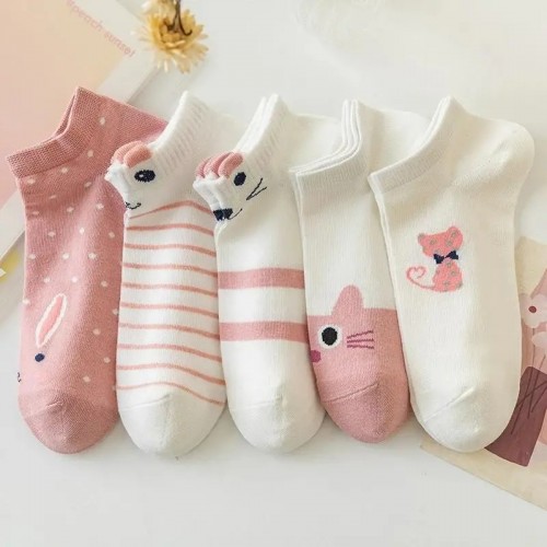 5 Pairs Kitty & Striped Boat Socks, Sweet & Cute Low Cut Ankle Socks, Women's Stockings & Hosiery
