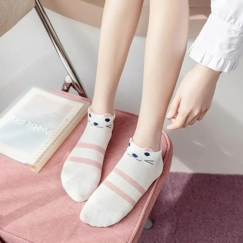 5 Pairs Kitty & Striped Boat Socks, Sweet & Cute Low Cut Ankle Socks, Women's Stockings & Hosiery