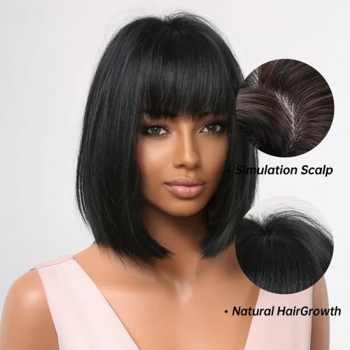 Short Bob Straight Black Wigs For Women Wigs With Bangs Heat Resistant