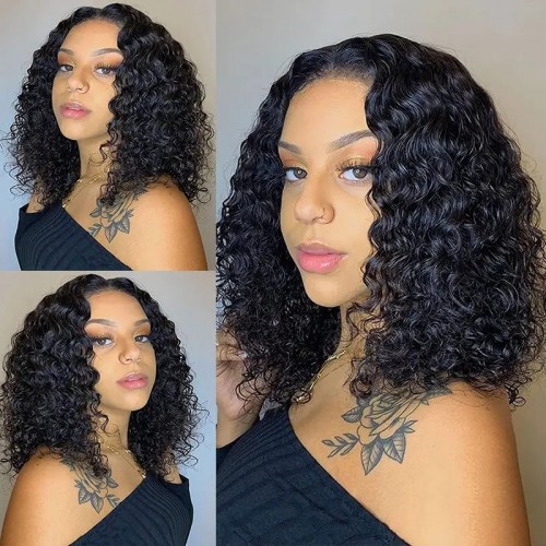 150% Density Short Curly Bob Human Hair Wigs 4x4x1 T Part Lace Closure Wigs Kinky Curly Pre Plucked Remy Brazilian Human Hair Wigs Natural Black Color