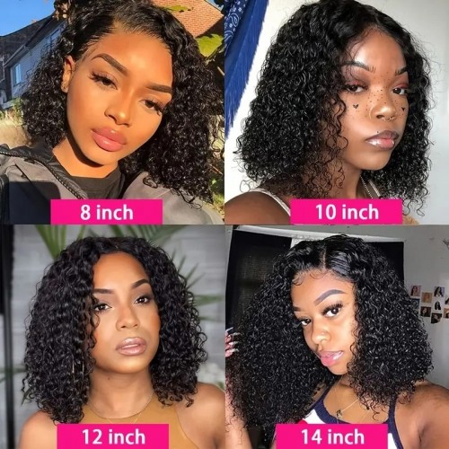 150% Density Short Curly Bob Human Hair Wigs 4x4x1 T Part Lace Closure Wigs Kinky Curly Pre Plucked Remy Brazilian Human Hair Wigs Natural Black Color