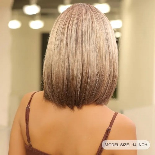 14 Inch Gray Ombre Brown BOB Wigs For Women With Bangs Shoulder Length Hair Wig For Women
