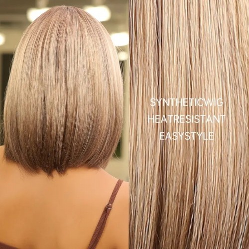 14 Inch Gray Ombre Brown BOB Wigs For Women With Bangs Shoulder Length Hair Wig For Women