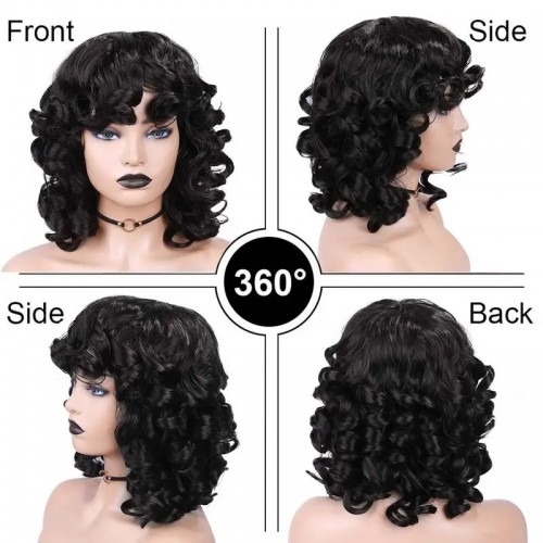 Hair Short Curly Wigs With Bangs Afro Kinky Curly Wig Bouncy Fluffy Synthetic Hair Heat Resistant Wigs Cosplay Party For Women