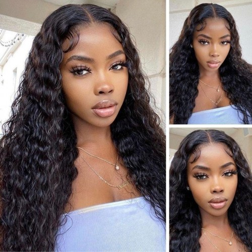 CurlyMe Water Wave Hair 180% Density U Part Wig, None Lace Machine Made Human Hair Wigs