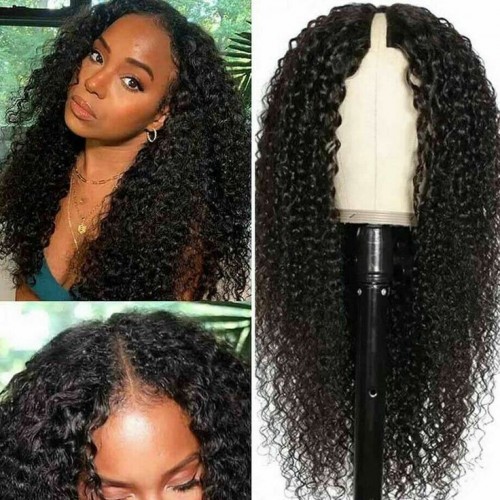 CurlyMe Kinky Curly V Part Wig Human Hair Glueless No Lace Wig Same As Thin Part