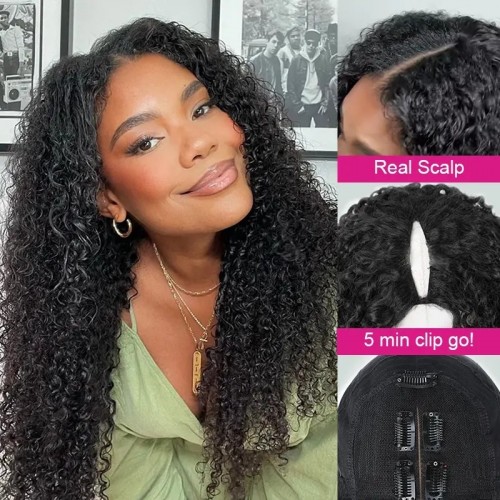 V Part/Thin Part Kinky Curly Wig Human Hair Glueless Wigs For Beginner