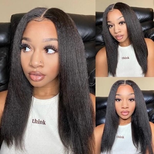 V Part/Thin Part Kinky Straight Wig Human Hair Glueless Wigs For Beginner