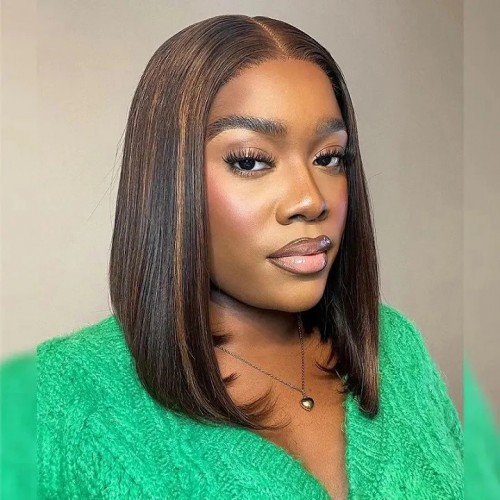 Highlight Mix Color Pre Cut Lace Straight 4x6 Bob Lace Wig Glueless Human Hair Wig