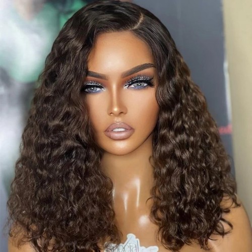 DOPEaxxPANA Ombre Dark Brown Color Pre Cut Lace Deep Curly 5x5 Lace Human Hair Wig Glueless Wig