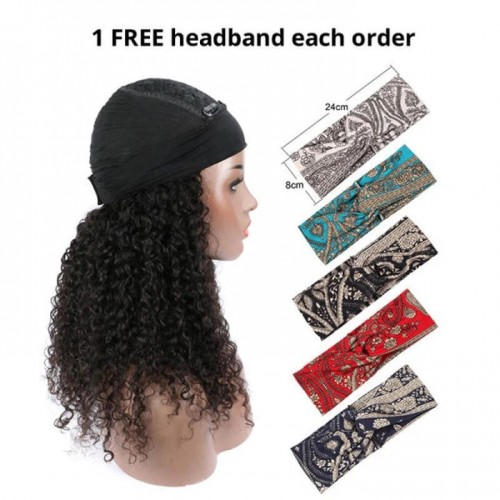 QUEENCAY Curly Headband Wigs Human Hair Brazilian Virgin Hair Half Wigs For African American Women