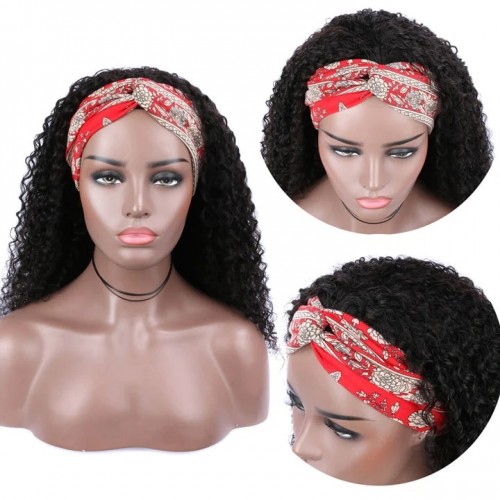 QUEENCAY Curly Headband Wigs Human Hair Brazilian Virgin Hair Half Wigs For African American Women