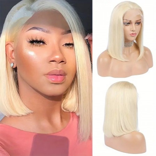 613 Blonde Short Bob Straight Human Hair Wigs 12 Inch 13x4 Lace Front Short Straight Wigs With Baby Hair For Women Girls 150% Desnity