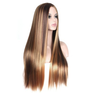 Women's brown golden gradient long straight hair rose net wig#Synthetic