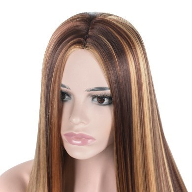 Women's brown golden gradient long straight hair rose net wig#Synthetic