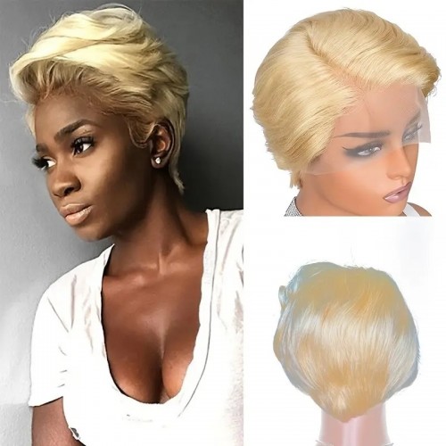 613# Short Pixie Cut Wig T Part Lace Wigs Pixie Cut Wigs For Women Peruvian Remy Blonde Side Part Pixie Cut Human Hair Wig