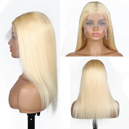 13x1 T Part Straight 613 Honey Blonde Long Straight Human Hair Wigs, 150% Density Lace Frontal Wig With Baby Hair