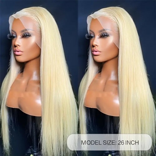 13x1 T Part Straight 613 Honey Blonde Long Straight Human Hair Wigs, 150% Density Lace Frontal Wig With Baby Hair