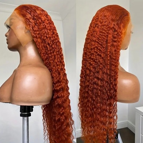 180% Density Ginger Orange Deep Wave Human Hair Wigs 13x4 HD Transparent Lace Front Hair Wigs For Women Girls 16-30 Inch
