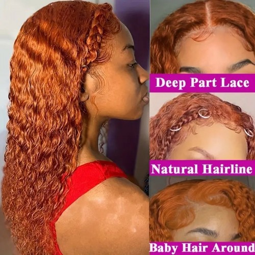 Ginger Orange Deep Curly Lace Front Wigs Deep Curly Human Hair Wigs 13x4 HD Transparent Deep Wave Lace Frontal Wigs For Women Girls 14-34 Inch
