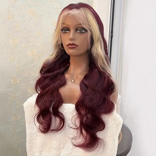 Body Wave 13x4 Lace Frontal Human Hair Wig Glueless Remy Human Hair Wigs For Women Girls 99j Burgundy With 613 Color