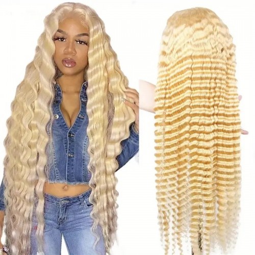 613 Blonde Deep Wave Lace Front Wigs 13x6 HD Lace Front Curly Human Hair Wigs 180% Density Glueless Water Wave Lace Front Wigs For Women@MsRoshPosh