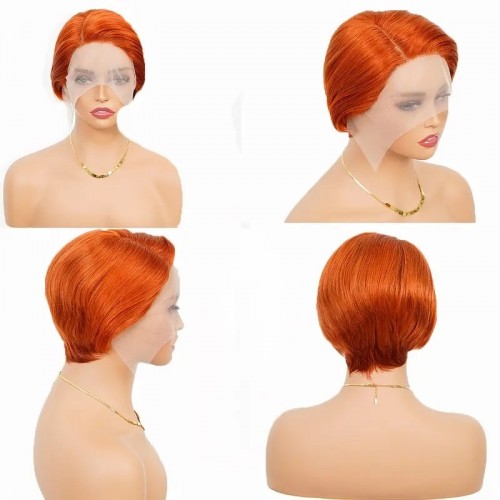 6 INCH Pixie Cut Wig Orange Short Lace Front Wigs Human Hair Pre Plucked Straight 13X1 Side Part Transparent HD Lace Front Wigs Human Hair For Women With Baby Hair 180% Density