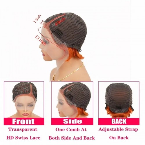 6 INCH Pixie Cut Wig Orange Short Lace Front Wigs Human Hair Pre Plucked Straight 13X1 Side Part Transparent HD Lace Front Wigs Human Hair For Women With Baby Hair 180% Density