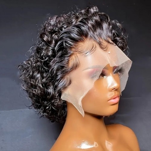 Short Pixie Cut Curly Wig 13x1 Lace Front Human Hair Bob Wigs Brazilian Human Hair Wigs Pre-Plucked For Women 180% Density