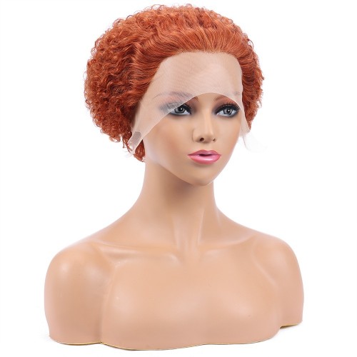 Pixie Cut Wig Human Hair Curly Wigs Short Curly Bob Wigs For Women 13X1 Transparent Lace Part Wig Human Hair 8 Inch Ginger Brown Color